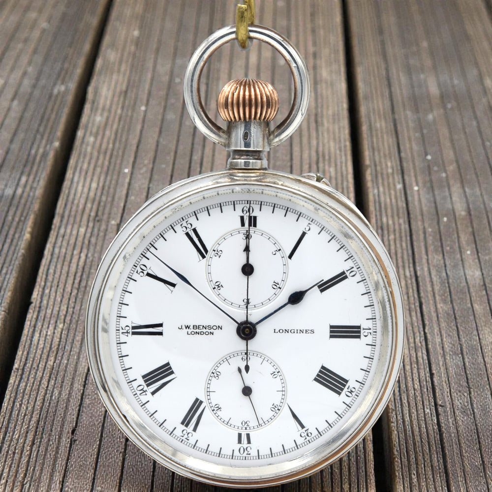 1909 J.W. Benson by Longines Solid Sterling Silver Chronograph Pocketwatch - Calibre 19.73N