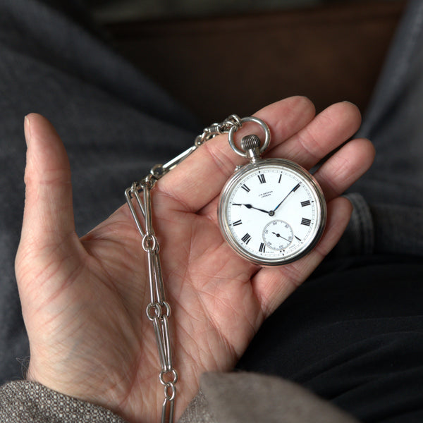 (RESERVED) 1908 Jw Benson retailed solid sterling silver open faced topwind pocketwatch by longines