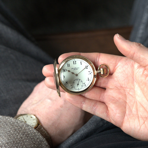 1924 Jw Benson of London solid 9ct gold English made half hunter pocket watch with original box