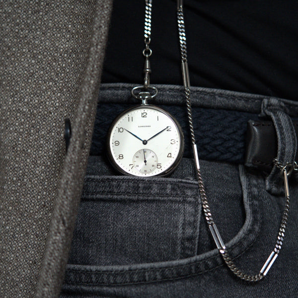 1940 Longines Slim Art Deco Steel Open Face Pocket Watch - Calibre 37.9M + Extract