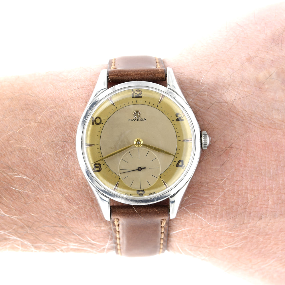 (RESERVED)1956 Omega Huge Jumbo watch with Mixed Arabic Dial and Sub Seconds Model 2580-1  in Stainless Steel