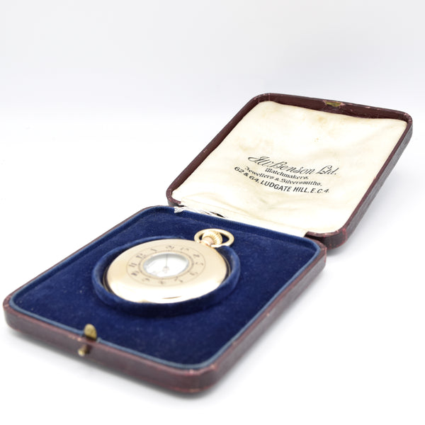 1924 Jw Benson of London solid 9ct gold English made half hunter pocket watch with original box