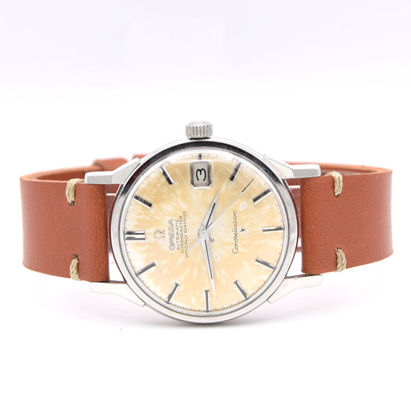 (Reserved)1966 Omega Constellation Date Automatic Chronometer with Dog Leg Lugs onyx batons Model 168.005 in Stainless Steel
