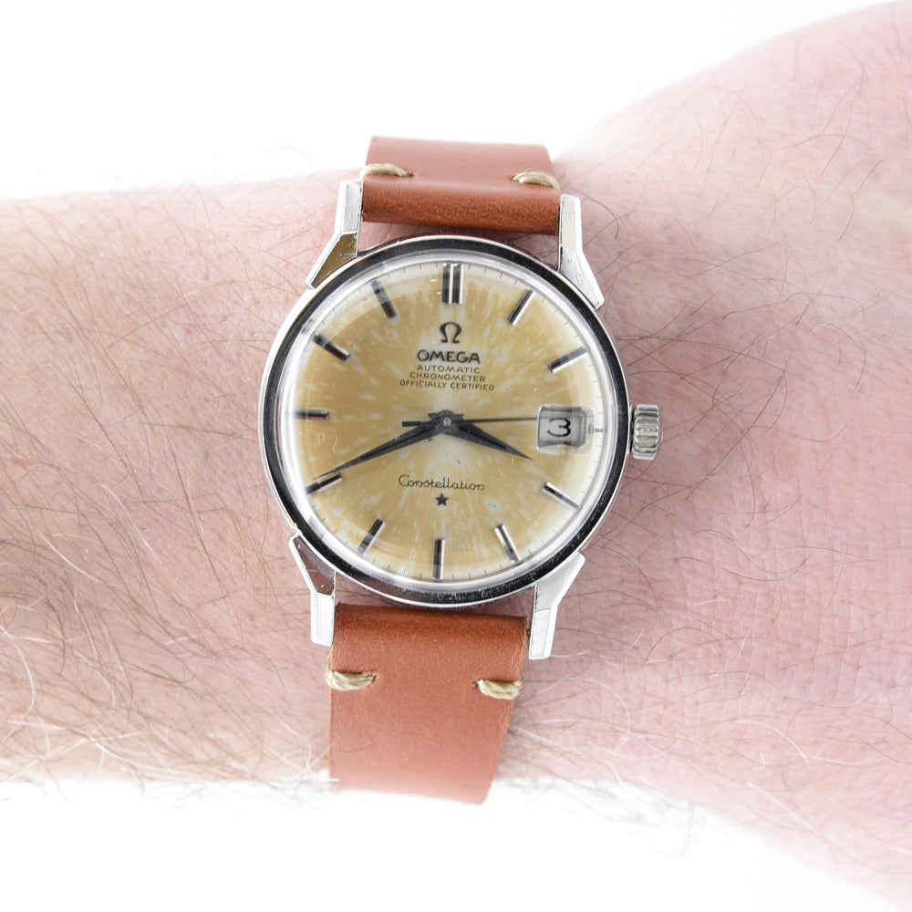 (Reserved)1966 Omega Constellation Date Automatic Chronometer with Dog Leg Lugs onyx batons Model 168.005 in Stainless Steel