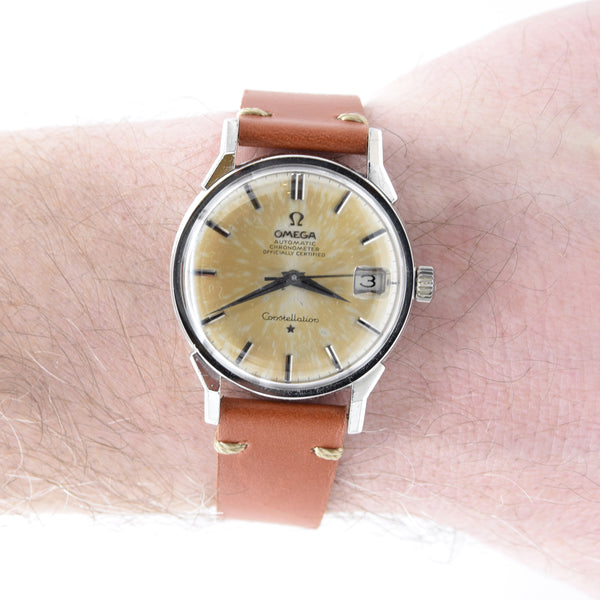 (Reserved)1966 Omega Constellation Date Automatic Chronometer with Dog Leg Lugs onyx batons Model 168.005 in Stainless Steel