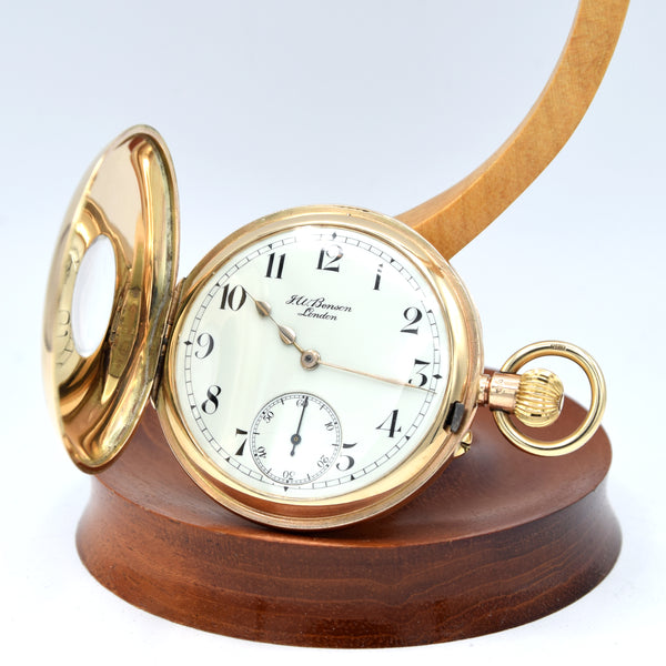 1924 Jw Benson of London solid 9ct gold English made half hunter pocket watch with original box