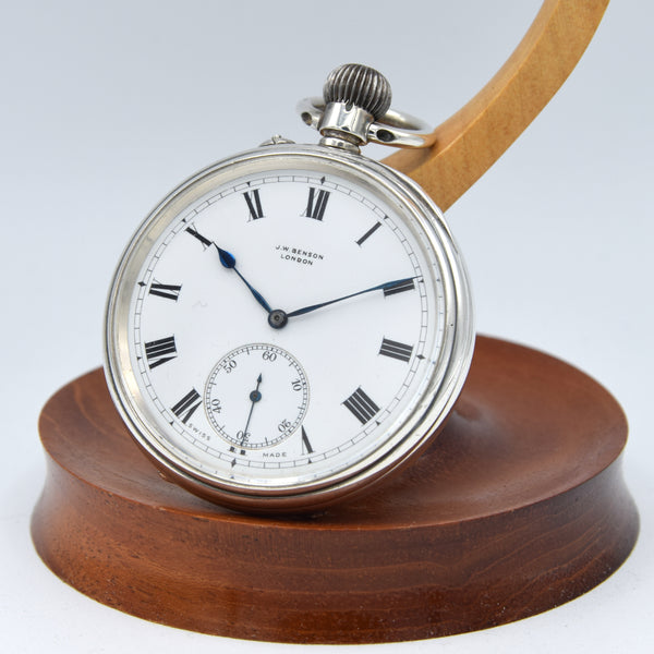 (RESERVED) 1908 Jw Benson retailed solid sterling silver open faced topwind pocketwatch by longines