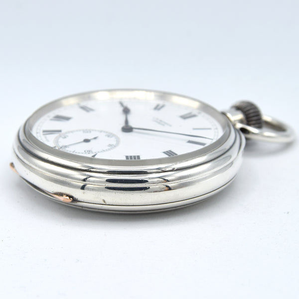 (RESERVED) 1908 Jw Benson retailed solid sterling silver open faced topwind pocketwatch by longines