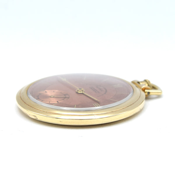 1938 Movado Ultra slim Solid 9ct Gold Art Deco Pocket Watch, Retailed by The Goldsmiths & Silversmiths Co. Ltd