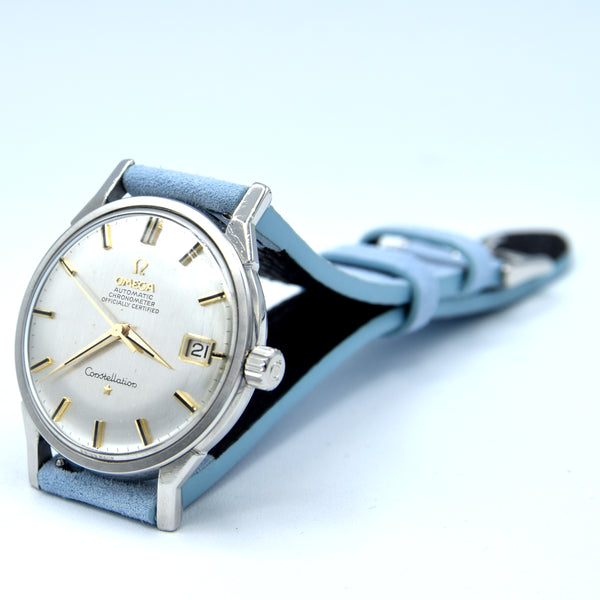 1963 Omega Sharp Constellation Date 168.005 Automatic Chronometer onyx batons - steel + Dog Leg Lugs