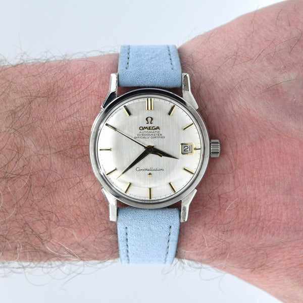 1963 Omega Sharp Constellation Date 168.005 Automatic Chronometer onyx batons - steel + Dog Leg Lugs