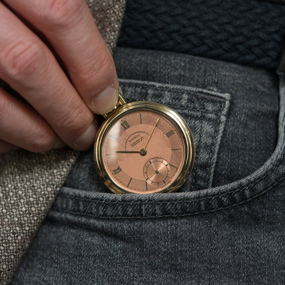 1938 Movado Ultra slim Solid 9ct Gold Art Deco Pocket Watch, Retailed by The Goldsmiths & Silversmiths Co. Ltd