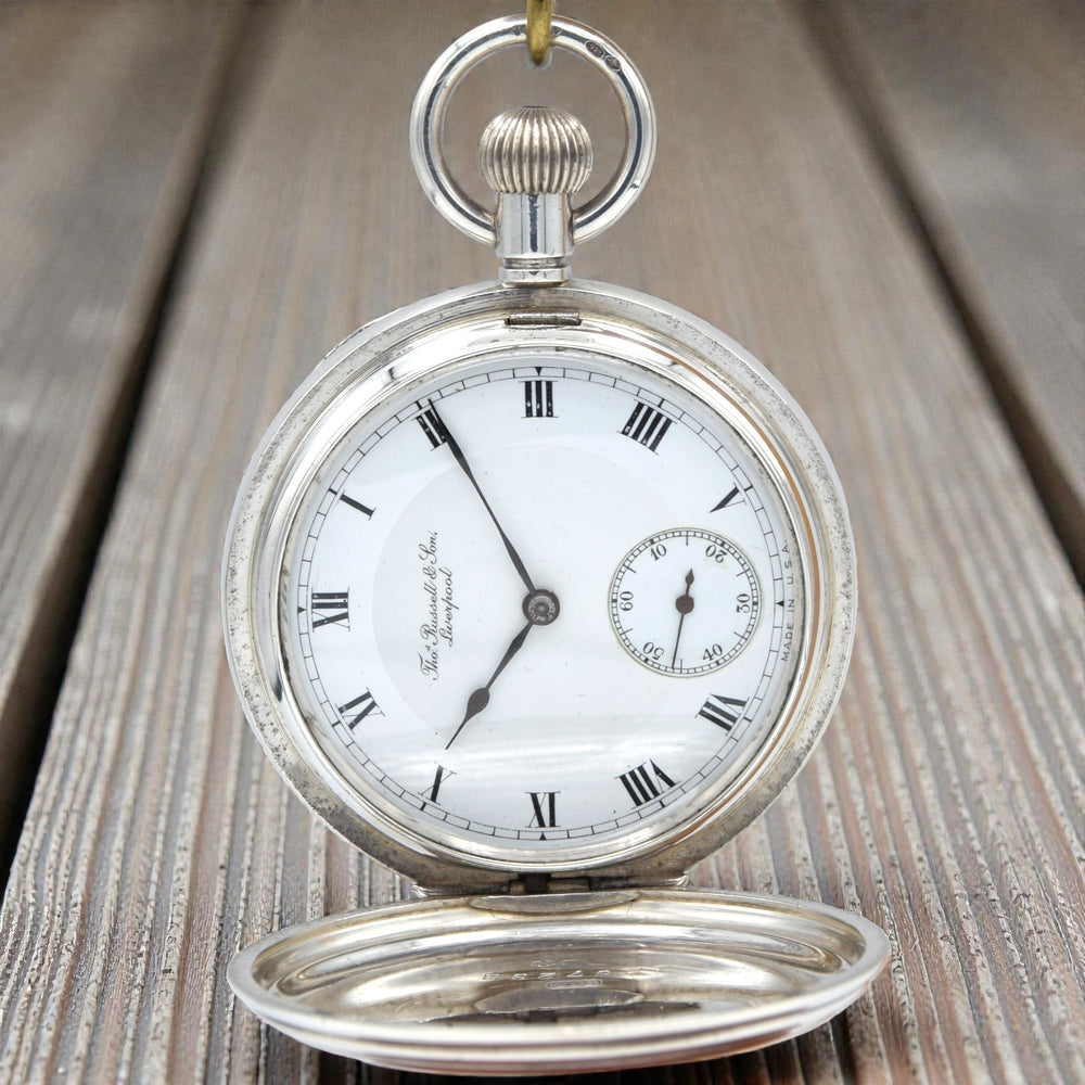1917 Heavy Cased 2oz Solid Sterling Silver Full Hunter Pocket Watch - Retailed by Thos. Russell & Son, Liverpool