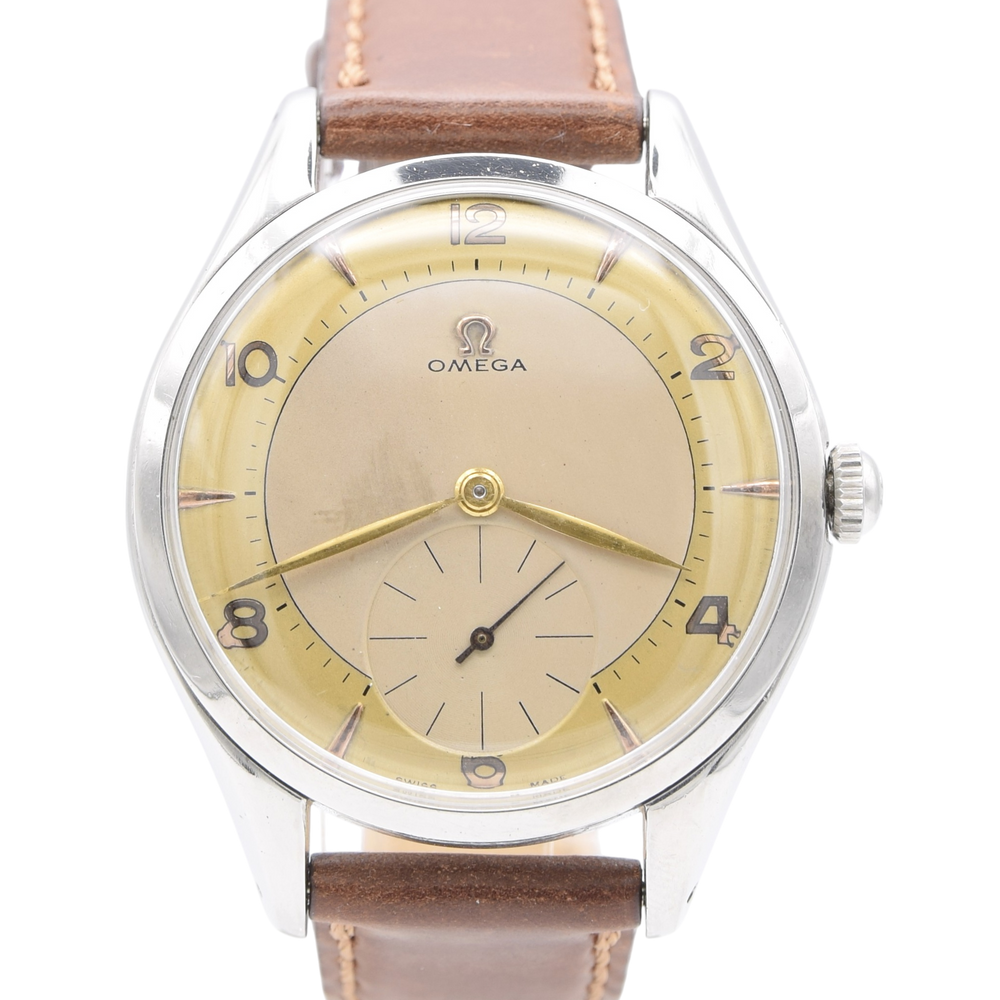 (RESERVED)1956 Omega Huge Jumbo watch with Mixed Arabic Dial and Sub Seconds Model 2580-1  in Stainless Steel