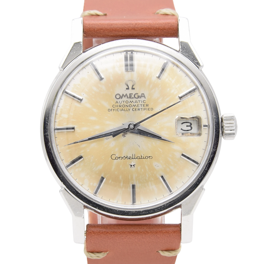 (Reserved)1966 Omega Constellation Date Automatic Chronometer with Dog Leg Lugs onyx batons Model 168.005 in Stainless Steel