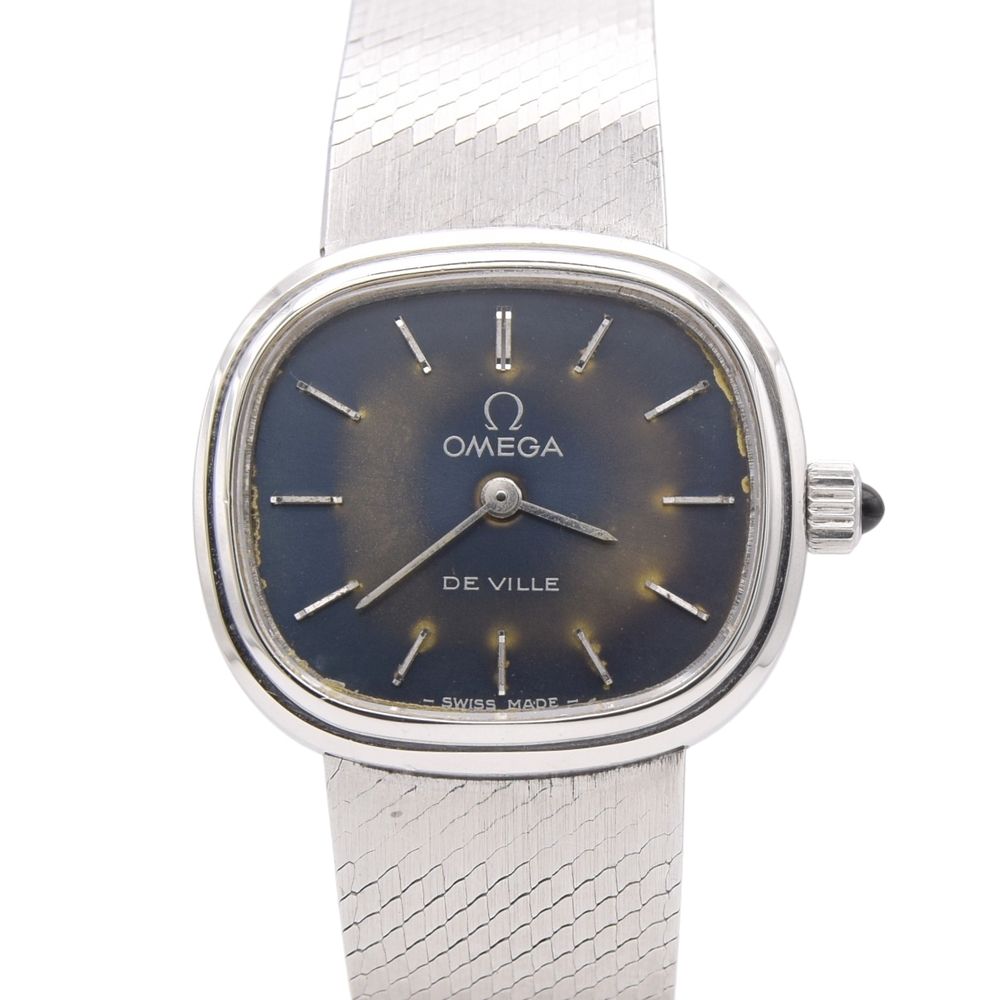 1977 omega deville ladies wristwatch ref 7112029 satin blue patina dial integral bracelet + box