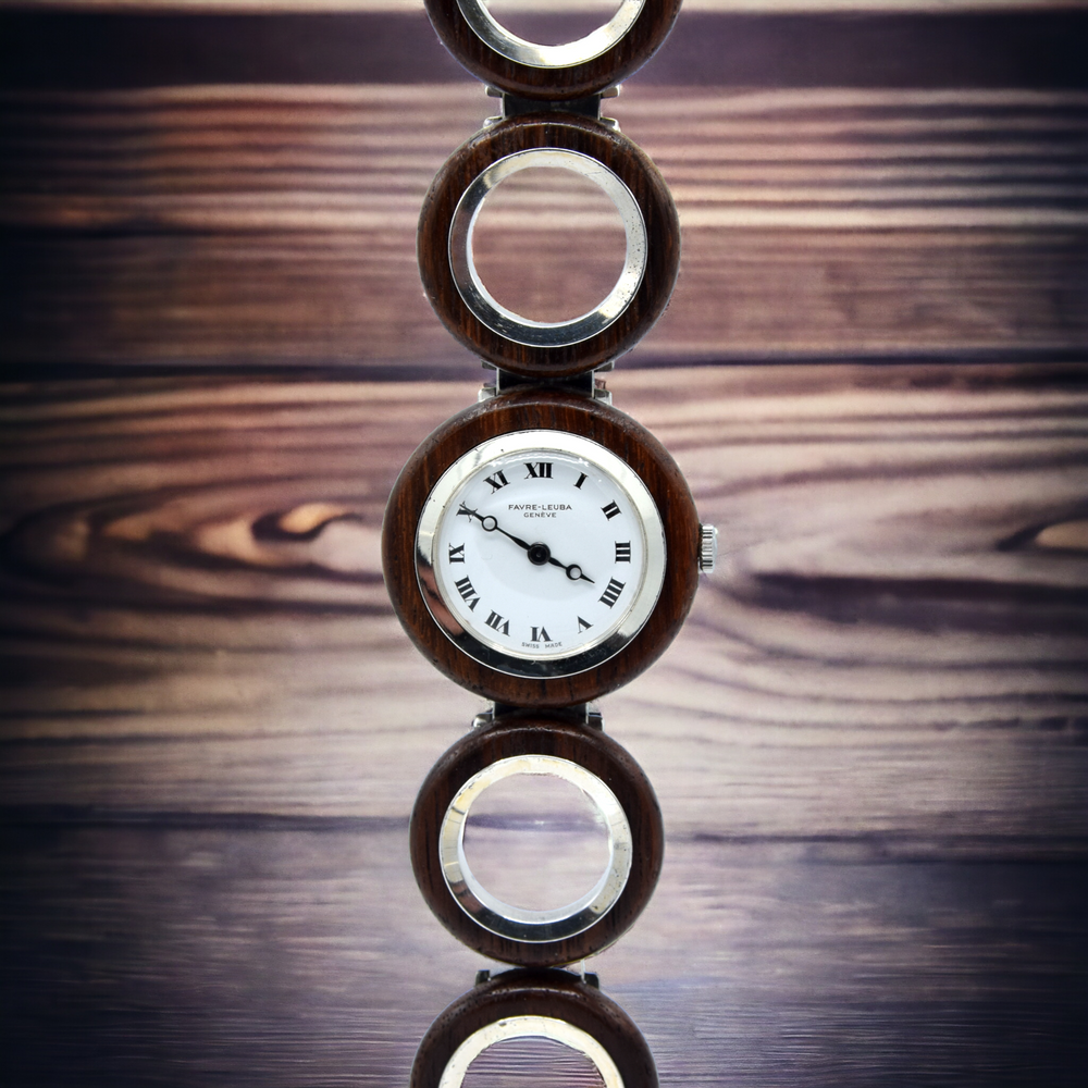 1970s Rare and Fantastic ladies Favre-Leuba NOS unused 'Wood Watch' in silver and wood