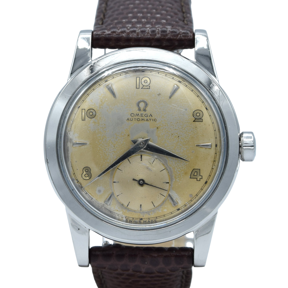 (RESERVED) 1950 Omega Automatic Bumper with Deco Arabic & Spearhead markers Model 2576 in Stainless Steel