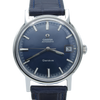 Omega Automatic Geneva watch with a dark blue dial, silver-tone stainless steel case, and a dark blue leather strap, shown on a white background.