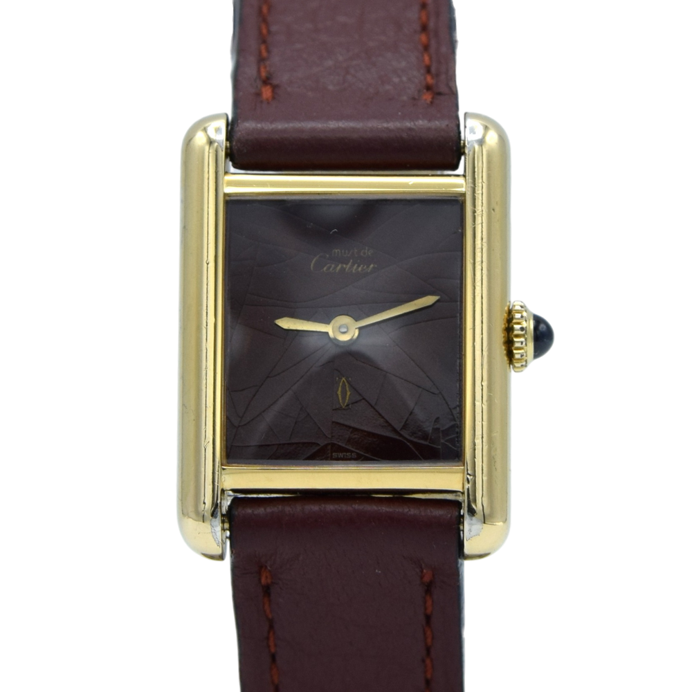 1983/84 Cartier Ladies Tank Mechanical with Unique Burgundy Red / Brown Patina Dial in 925 Sterling Silver Gilt
