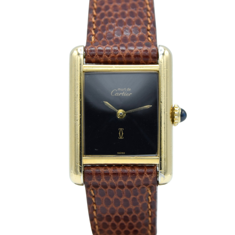 Cartier Ladies classic 1980s Vintage Tank Mechanical Manual Wind watch with Black Onyx- spider web lacquer