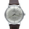 Omega Seamaster De Ville automatic wristwatch with a silver dial, brushed steel case, and a brown textured leather strap, shown against a plain white background.