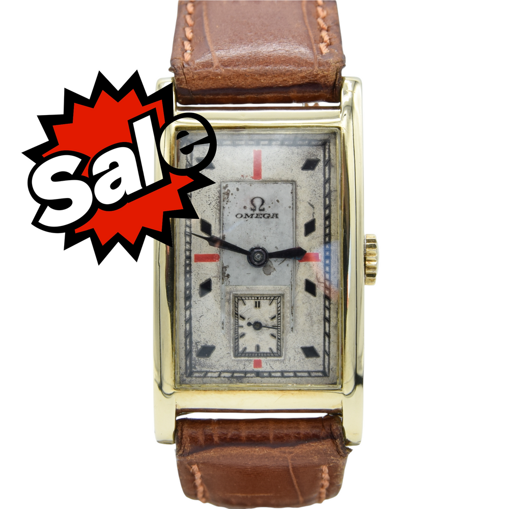 1934 Omega with Red and Black Markers in 14ct Gold Deco Shaped Rectangular Case with Rare Caliber 20F