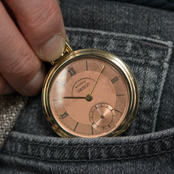 1938 Movado Ultra slim Solid 9ct Gold Art Deco Pocket Watch, Retailed by The Goldsmiths & Silversmiths Co. Ltd