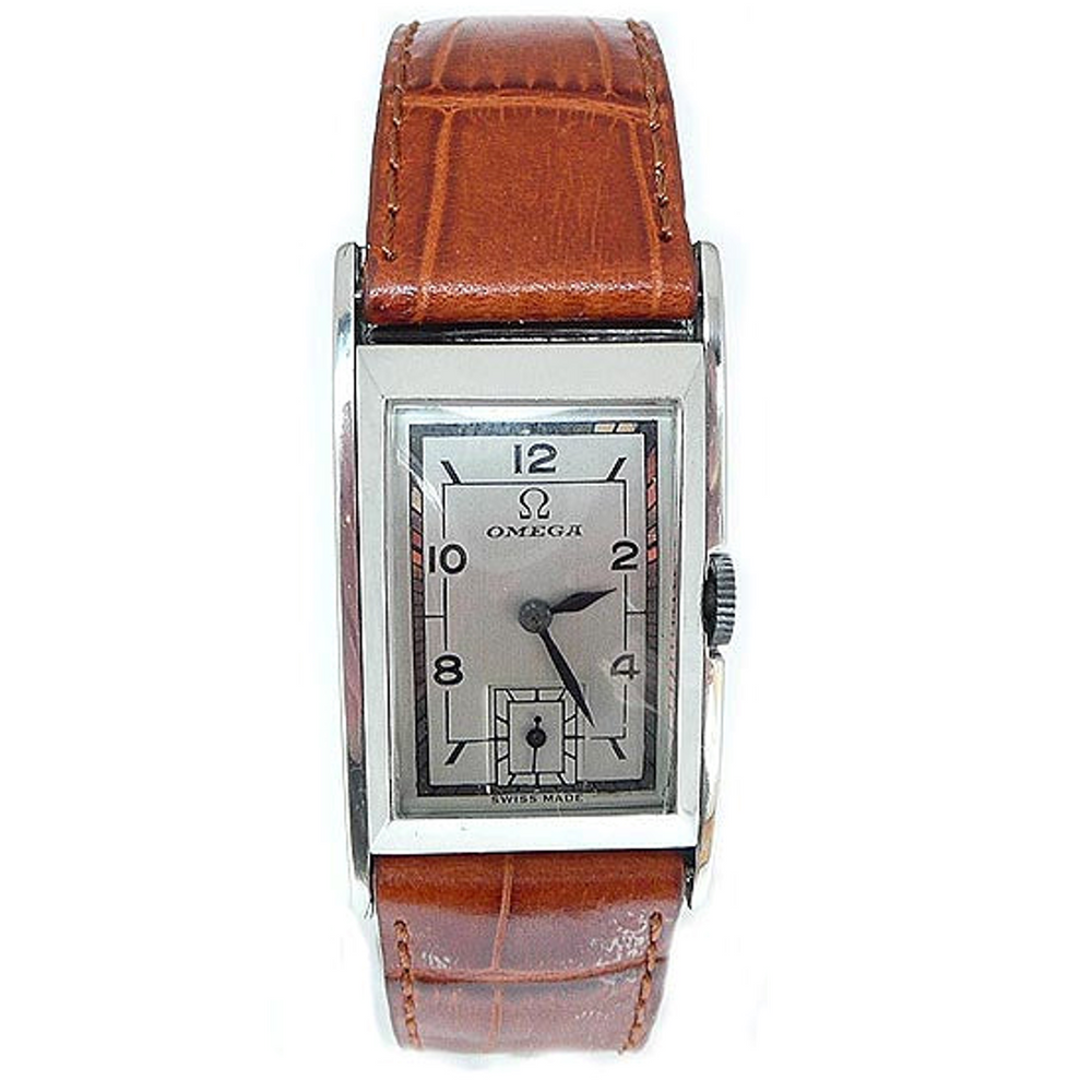 (Reserved) Rare Omega Marine Deco Rectangular Tonneau Pupitre Wristwatch in Staybrite Case Circa 1934